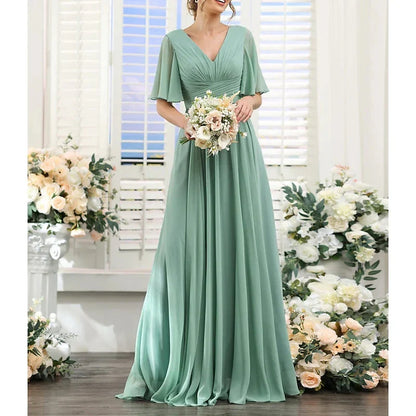 A-Line Princess V Neck Short Sleeves Bridesmaid Dresses Wedding Guest Dresses