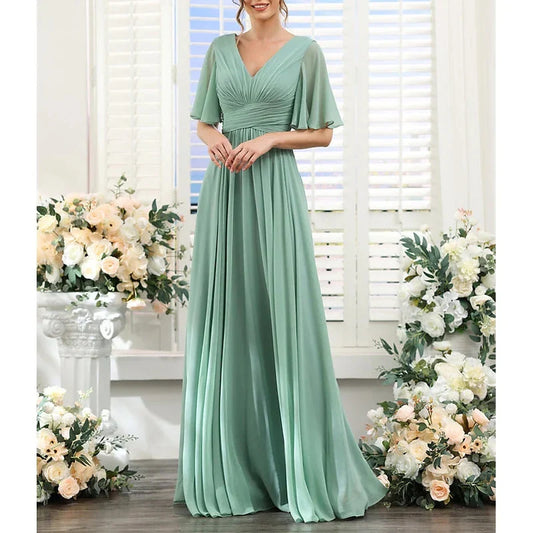 A-Line Princess V Neck Short Sleeves Bridesmaid Dresses Wedding Guest Dresses