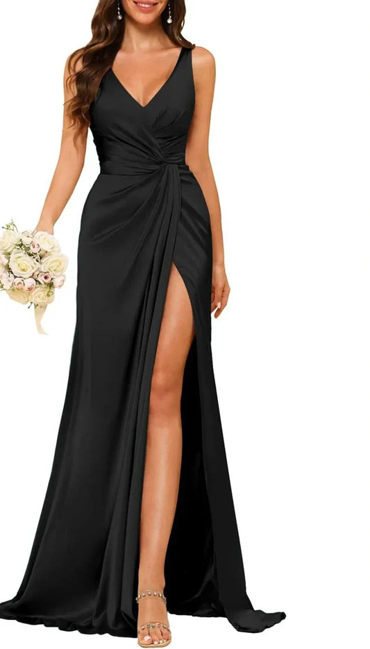 A-Line Princess V Neck Sleeveless Floor-Length Bridesmaid Dresses with Split