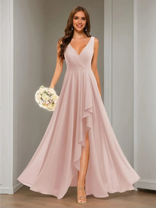 A-Line Princess V Neck Sleeveless Floor Length Bridesmaid Dresses Chiffon with Slit Pockets