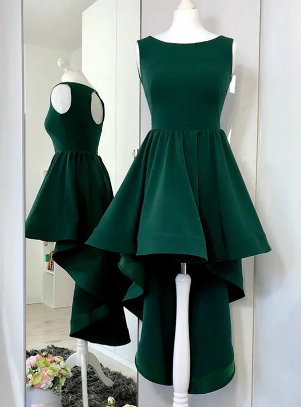A-Line Round Neck Sleeveless High-Low Cocktail Dress Emerald Green Prom Dress