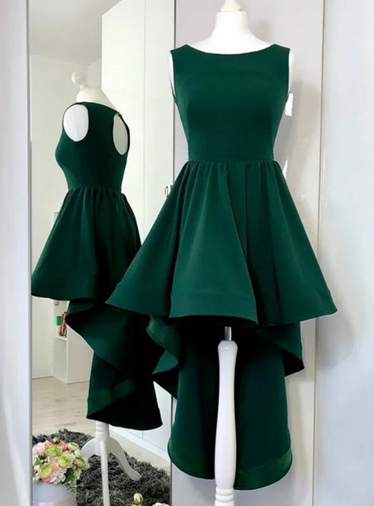 A-Line Round Neck Sleeveless High-Low Cocktail Dress Emerald Green Prom Dress