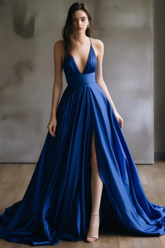 A-Line Royal Blue Prom Dress with Slit