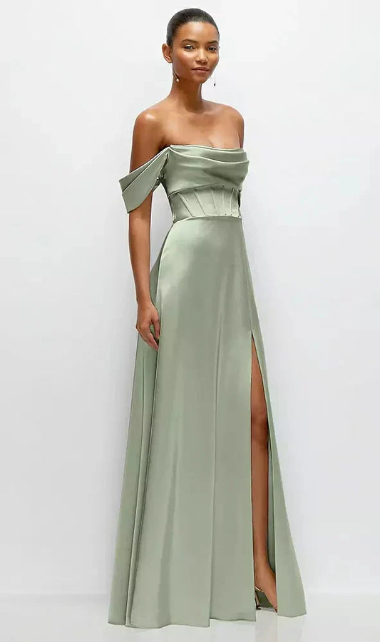 A-Line Satin Maxi Dress with Convertible Off-the-Shoulder or Strapless Looks in Sage