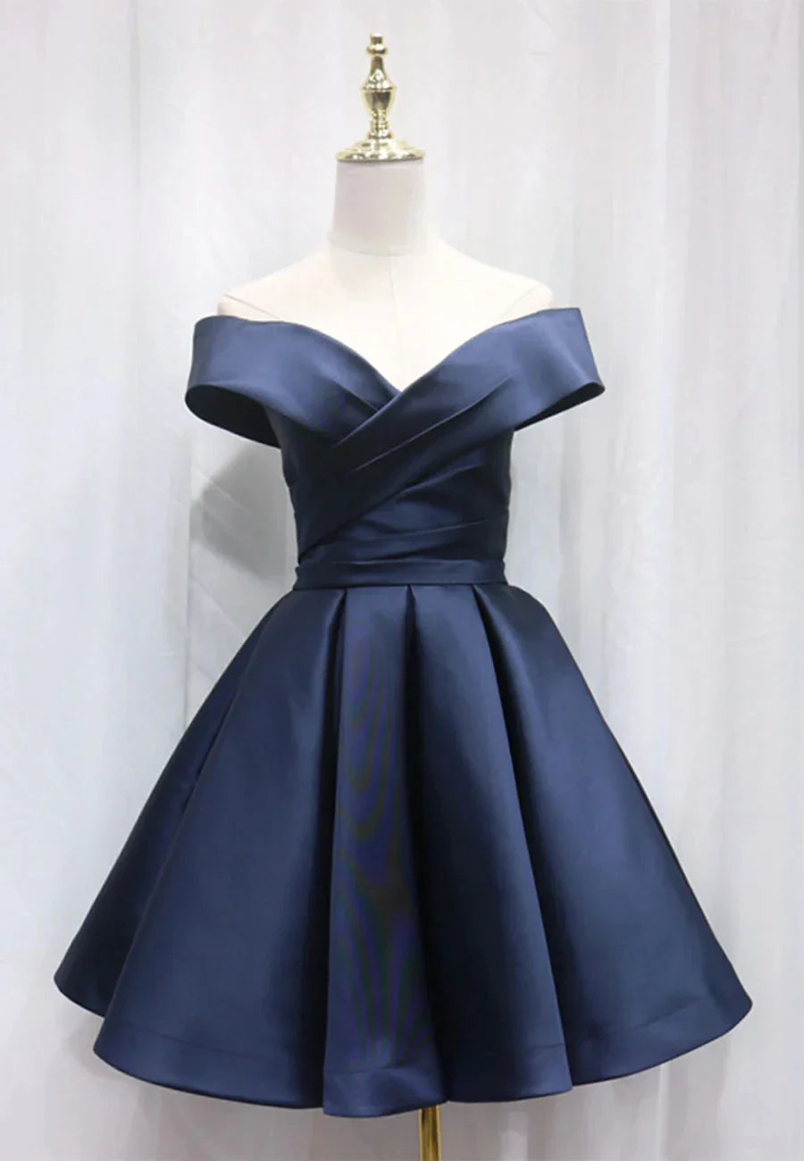 A-Line Satin Off the Shoulder Short Prom Dress Mini Evening Party Dress