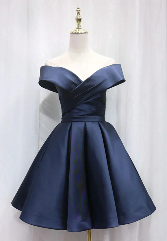 A-Line Satin Off the Shoulder Short Prom Dress Mini Evening Party Dress