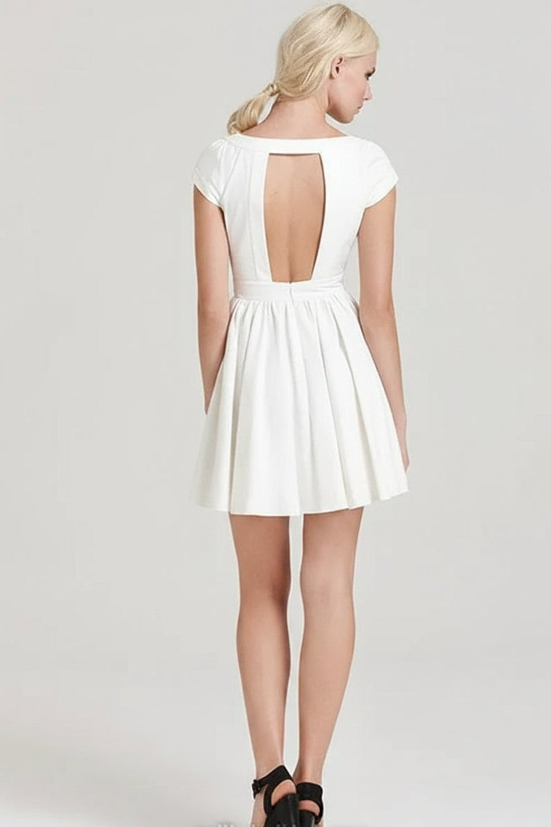 Elegant A-Line Round Neck Cap Sleeve Keyhole-Back White Short Homecoming Dress for Women