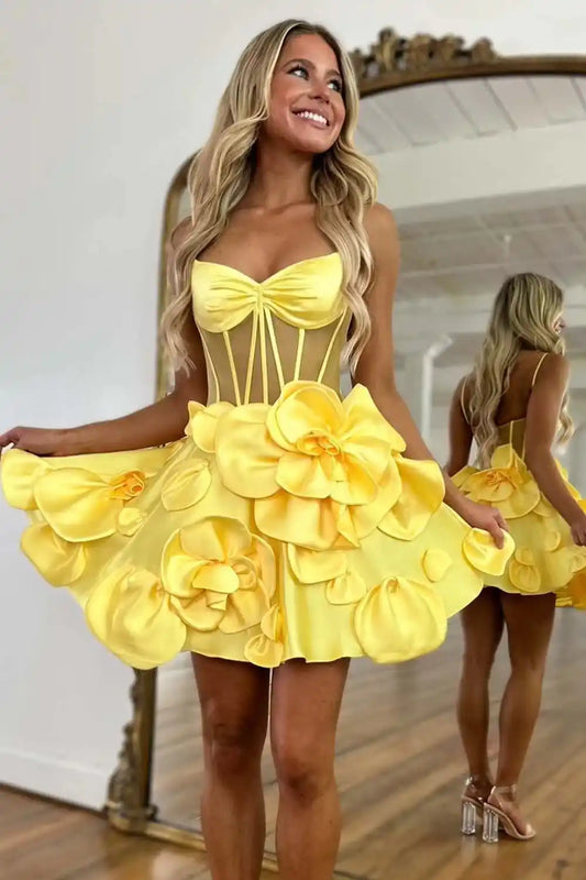 A-Line Sheer Corset Bodice Flowers Homecoming Dress