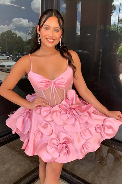 A-Line Sheer Corset Bodice Flowers Homecoming Dress