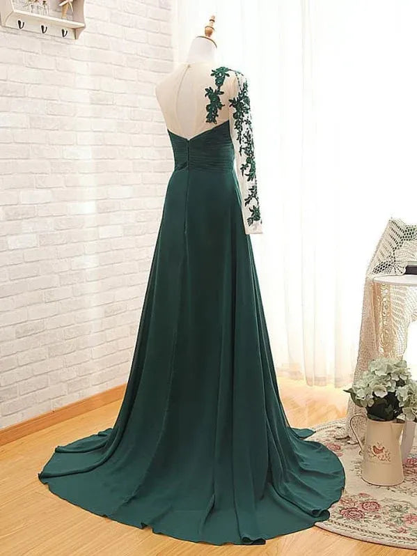 Elegant A-Line Sheer Round Neck One-Sleeve Lace Applique Dark Green Floor-Length Prom Gown for Women