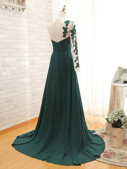 Elegant A-Line Sheer Round Neck One-Sleeve Lace Applique Dark Green Floor-Length Prom Gown for Women