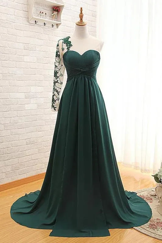 A-Line Sheer Round Neck One Sleeve Applique Chiffon Dark Green Floor-Length Prom Dress
