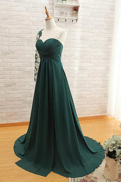 Elegant A-Line Sheer Round Neck One-Sleeve Lace Applique Dark Green Floor-Length Prom Gown for Women
