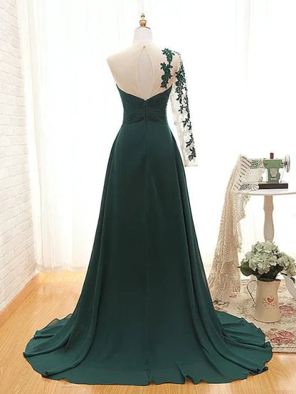 Elegant A-Line Sheer Round Neck One-Sleeve Lace Applique Dark Green Floor-Length Prom Gown for Women
