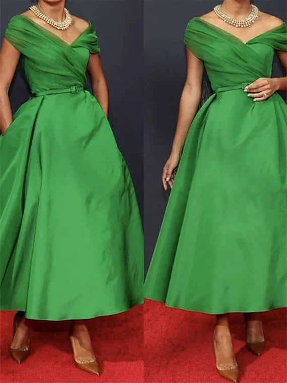 A-Line Sleeveless Off Shoulder Ankle Length Ruched Mother of the Bride Dresses