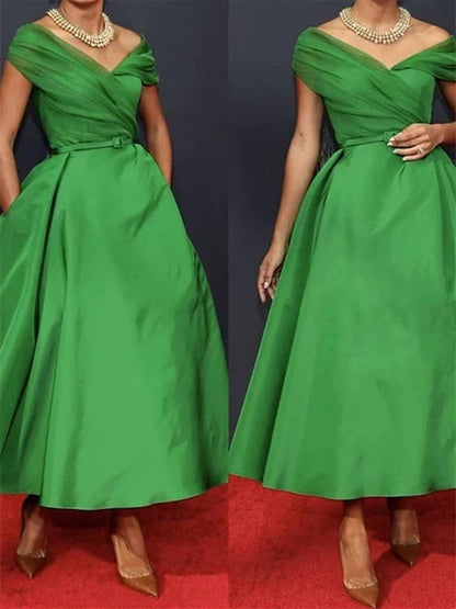 A-Line Sleeveless Off Shoulder Ankle Length Ruched Mother of the Bride Dresses