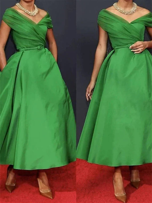A-Line Sleeveless Off Shoulder Ankle Length Ruched Mother of the Bride Dresses