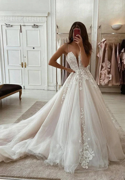 A-Line Spaghetti Lace Long Prom Dresses Formal Evening Dresses