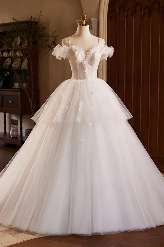 A-Line Spaghetti Strap Lace Beaded Party Dress, Light Champagne Floor Length Formal Evening Dress