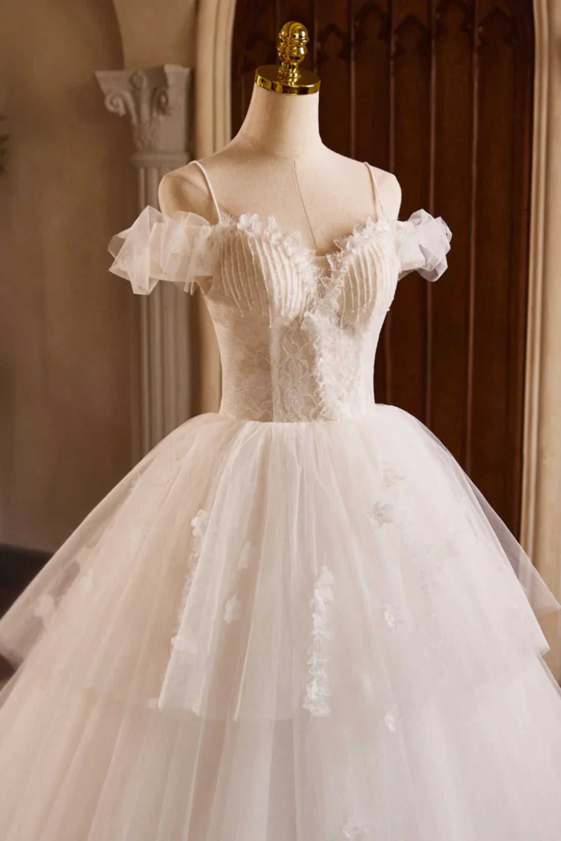 A-Line Spaghetti Strap Lace Beaded Party Dress, Light Champagne Floor Length Formal Evening Dress