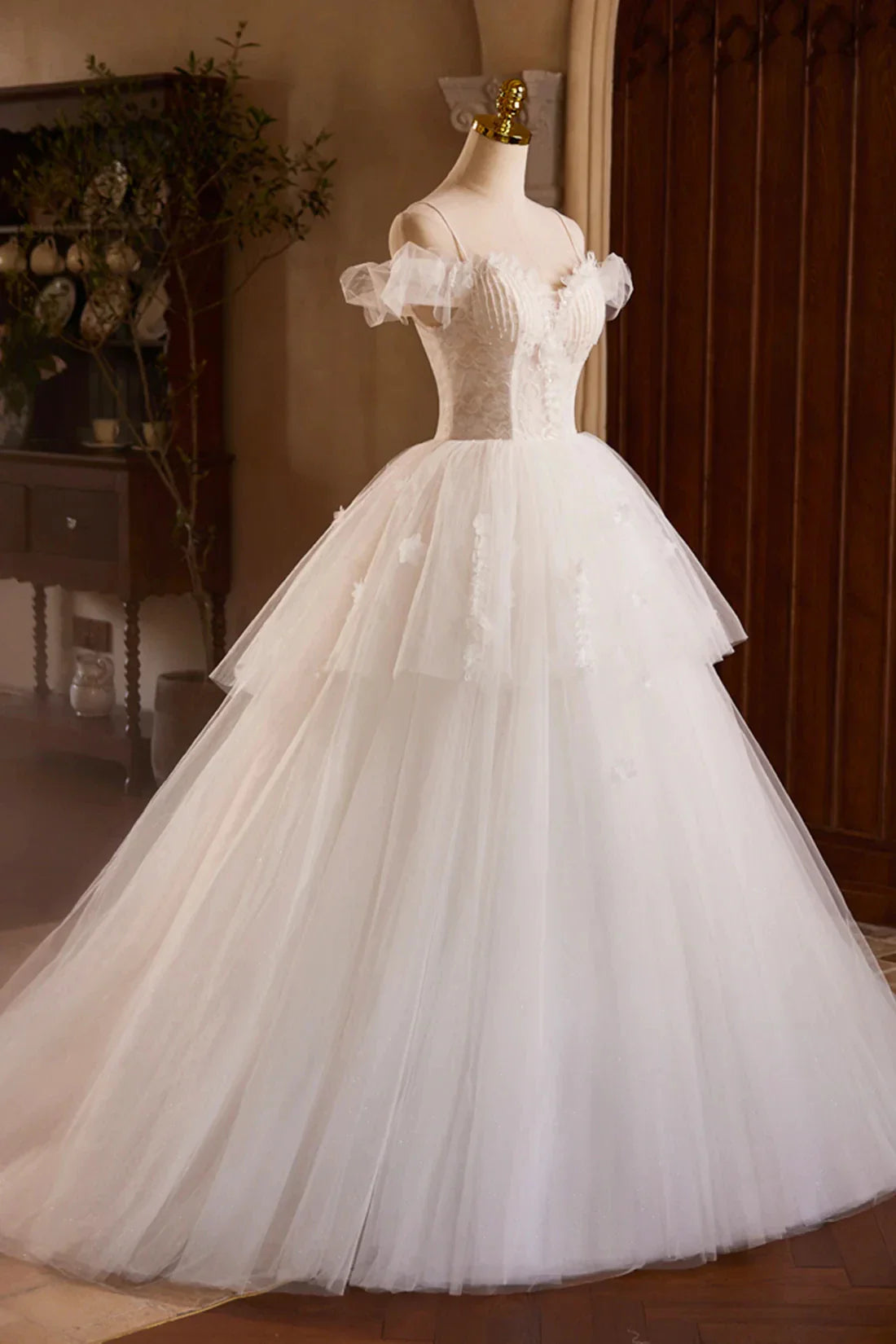 A-Line Spaghetti Strap Lace Beaded Party Dress, Light Champagne Floor Length Formal Evening Dress