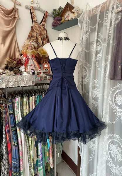 Elegant A-Line Ruffled Ruched Lace-Up Back Navy Mini Homecoming Dress for Women