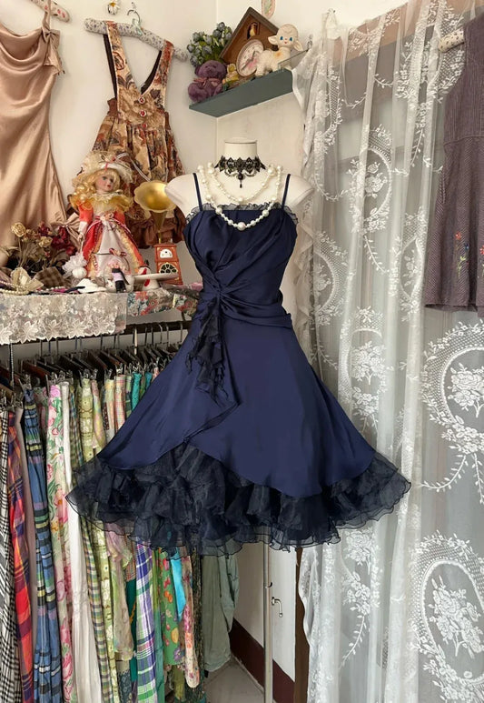 A-Line Spaghetti Strap Ruffle Ruched Lace-Up Back Navy Homecoming Dress Hot Sale