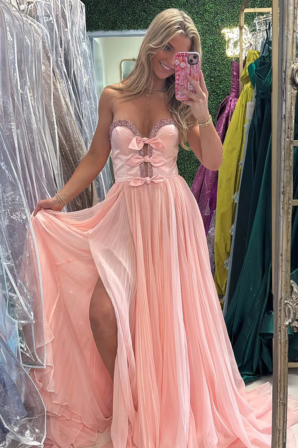 A-Line Strapless Bows Prom Gown with Slit