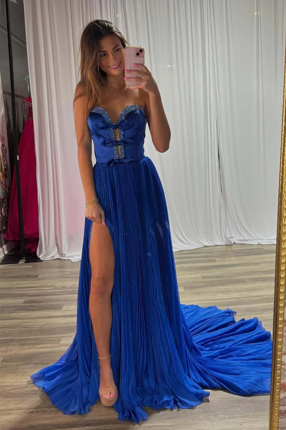 A-Line Strapless Bows Prom Gown with Slit