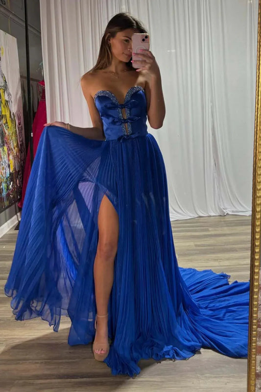 A-Line Strapless Bows Prom Gown with Slit