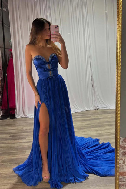 A-Line Strapless Bows Prom Gown with Slit