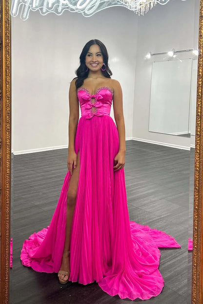 A-Line Strapless Bows Prom Gown with Slit