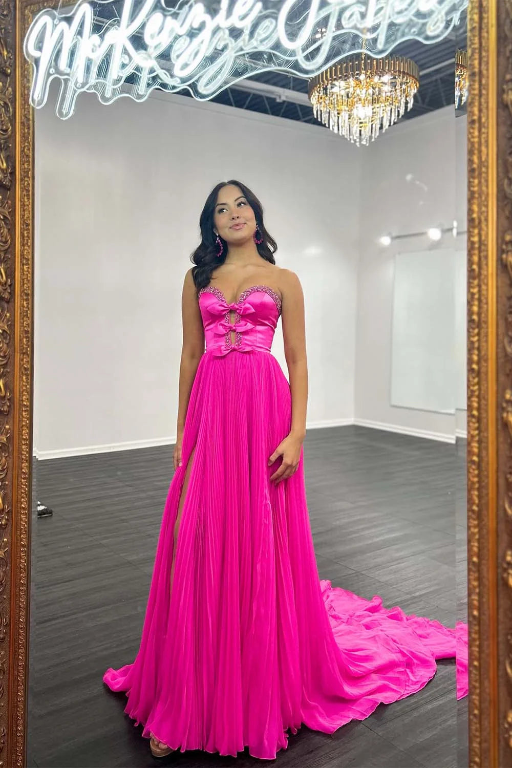 A-Line Strapless Bows Prom Gown with Slit