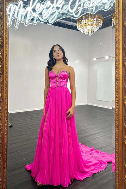 A-Line Strapless Bows Prom Gown with Slit
