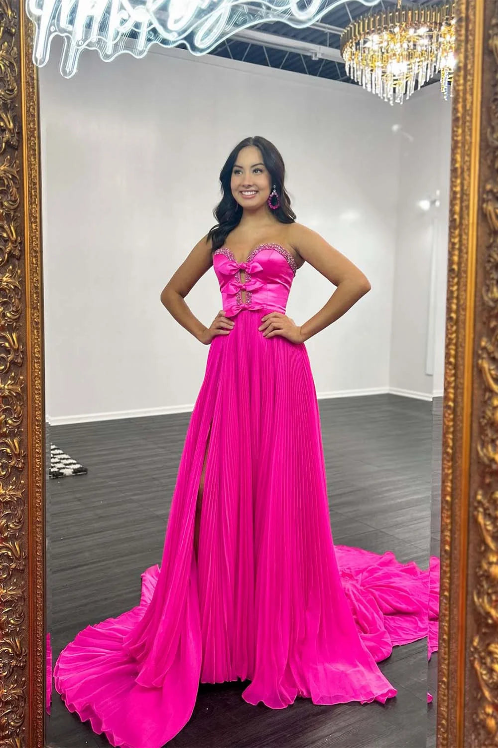 A-Line Strapless Bows Prom Gown with Slit