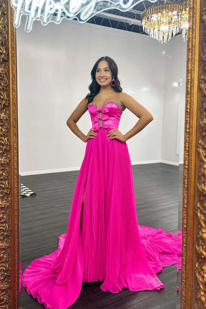 A-Line Strapless Bows Prom Gown with Slit