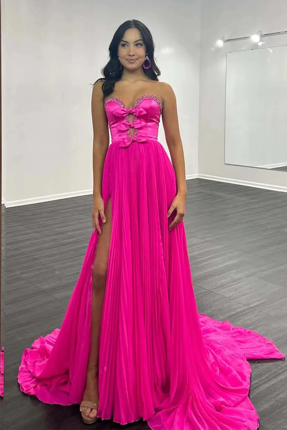 A-Line Strapless Bows Prom Gown with Slit