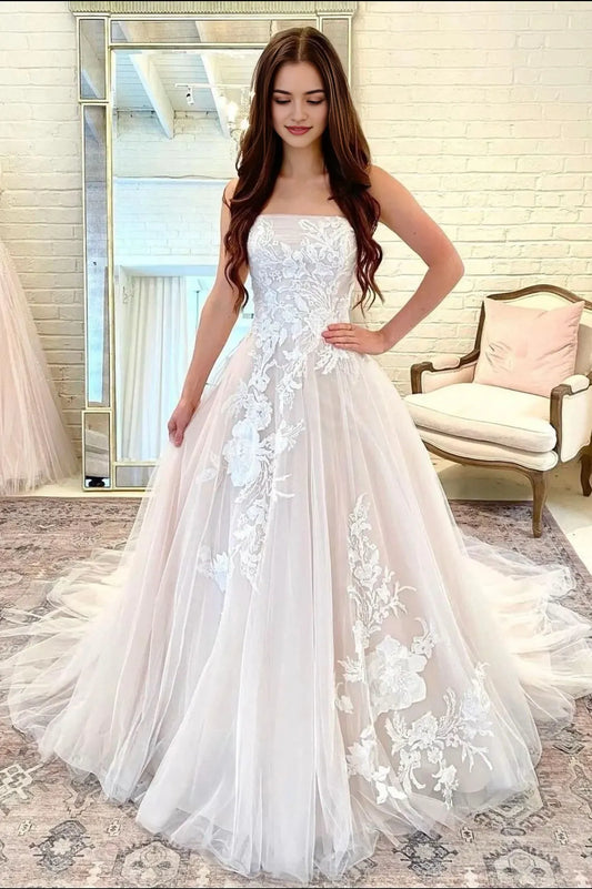 A-Line Strapless Lace Long Ball Gown Elegant Formal Evening Dress