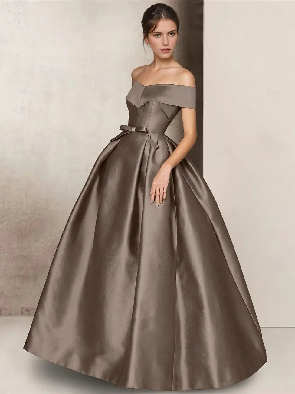 A-Line Strapless Short Sleeve Floor Length Mother of the Bride Dresses Satin with Bow(s)