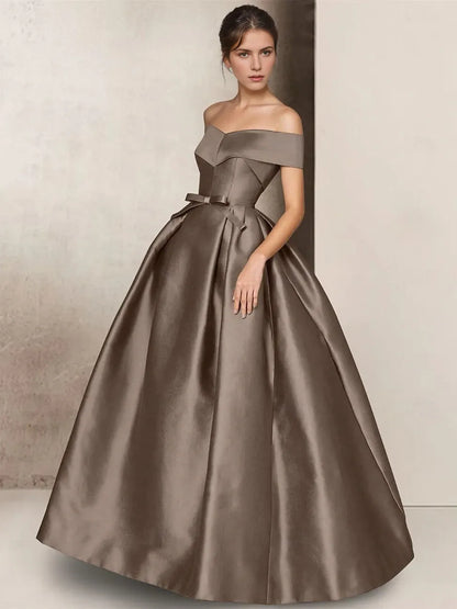A-Line Strapless Short Sleeve Floor Length Mother of the Bride Dresses Satin with Bow(s)