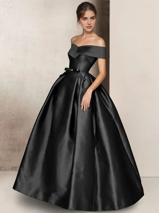 A-Line Strapless Short Sleeve Floor Length Mother of the Bride Dresses Satin with Bow(s)