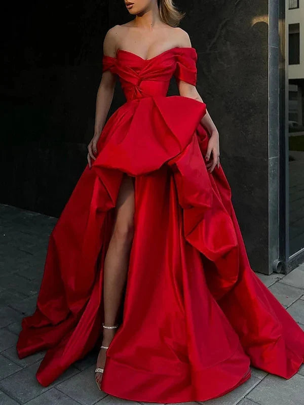 A-Line SweepBrush Train Off Shoulder Sleeveless Prom Satin with Slit