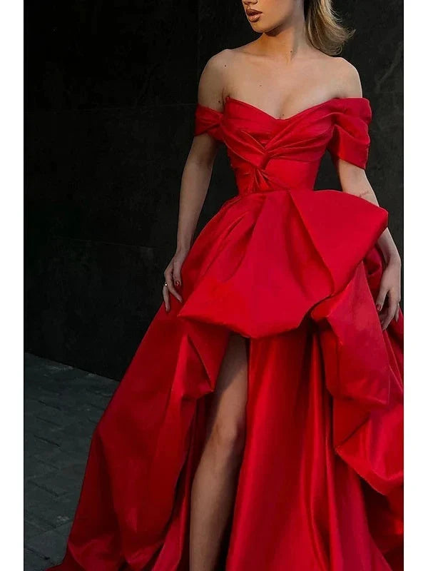 A-Line SweepBrush Train Off Shoulder Sleeveless Prom Satin with Slit