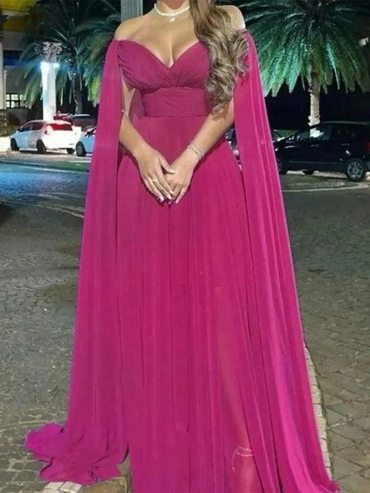 A-Line Sweep Brush Train Sleeveless Off Shoulder Wedding Guest Dress Capes Chiffon with Pleats