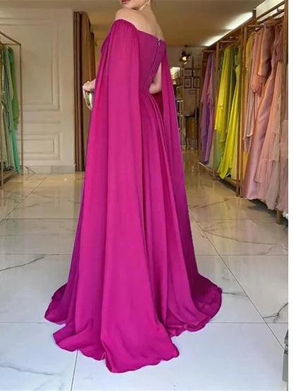 A-Line Sweep Brush Train Sleeveless Off Shoulder Wedding Guest Dress Capes Chiffon with Pleats