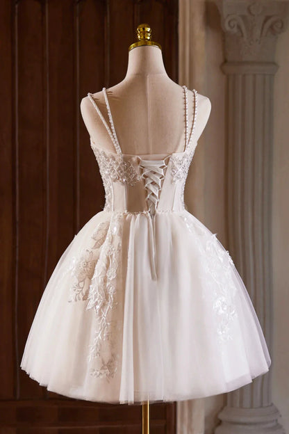 A-Line Tulle Beaded Short Prom Dress Light Champagne Spaghetti Strap Party Dress