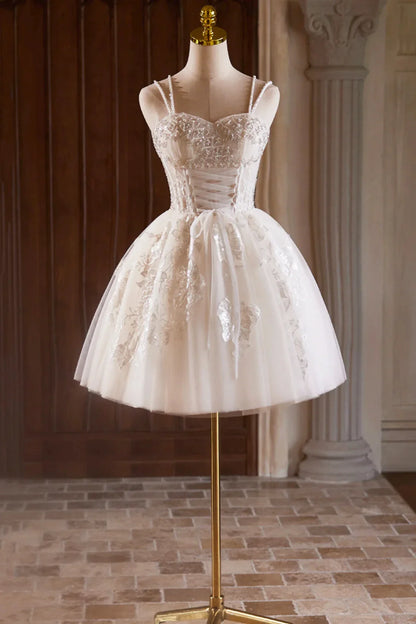 A-Line Tulle Beaded Short Prom Dress Light Champagne Spaghetti Strap Party Dress