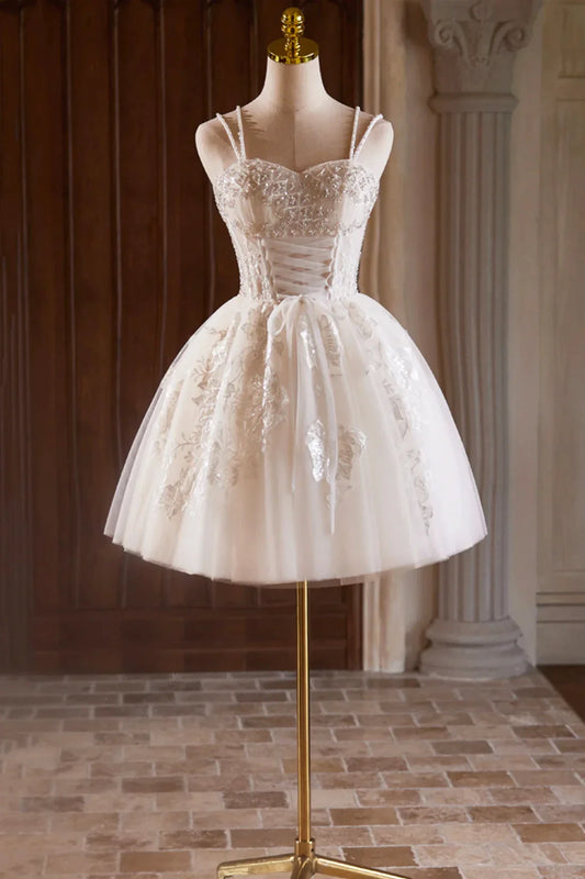 A-Line Tulle Beaded Short Prom Dress Light Champagne Spaghetti Strap Party Dress