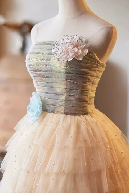 A-Line Tulle Pearls Short Prom Dress Lovely Strapless Evening Party Dress