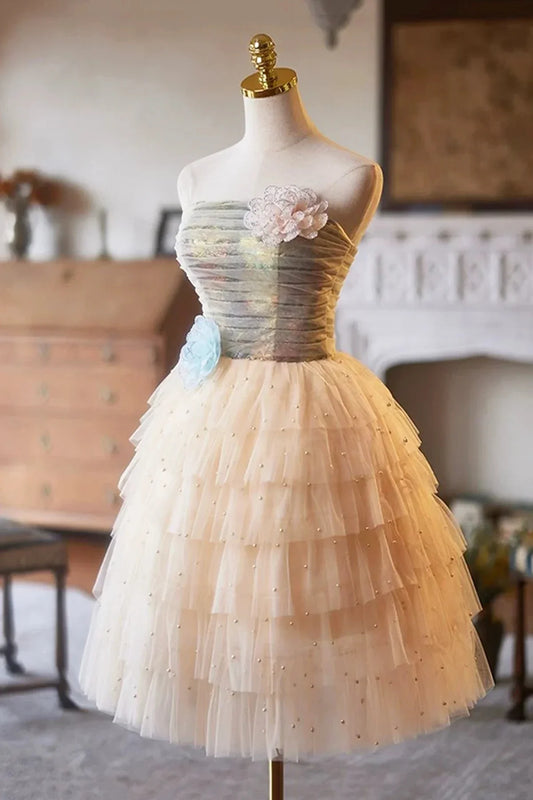 A-Line Tulle Pearls Short Prom Dress Lovely Strapless Evening Party Dress